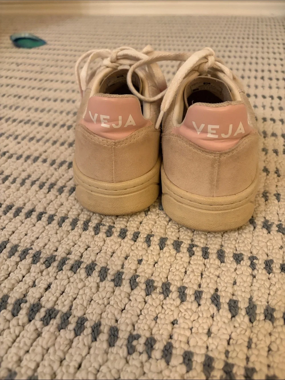 Veja Beige Sneakers with Pink Heel and Red Side V Logo